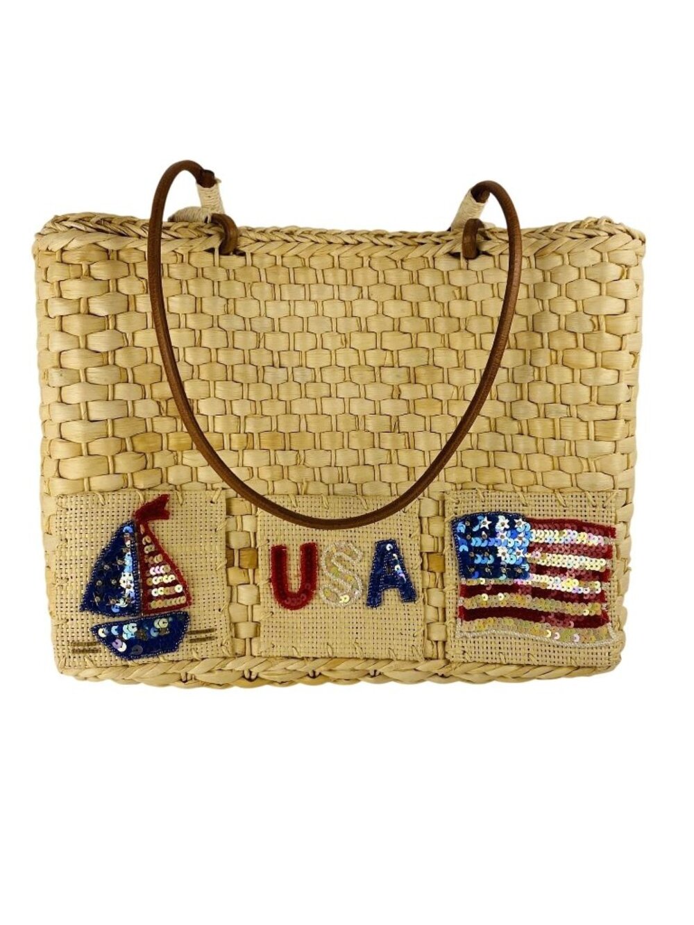 VTG QVC Patriotic Woven Corn Husk Bag Sequined USA Flag & Sailboat Design